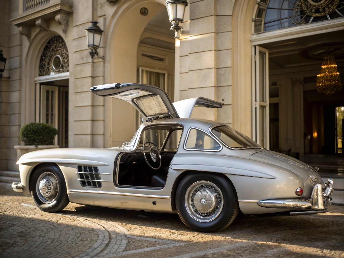 Meticulously restored vintage 1955 silver gullwing coupe in archival showroom